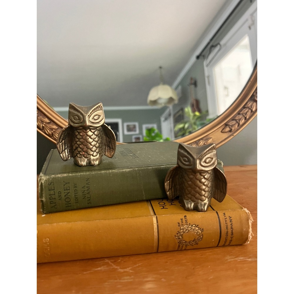 Vintage Brass Owl Figurines Set of 2 Mid Century Modern Bird Statues 2.5 Inch